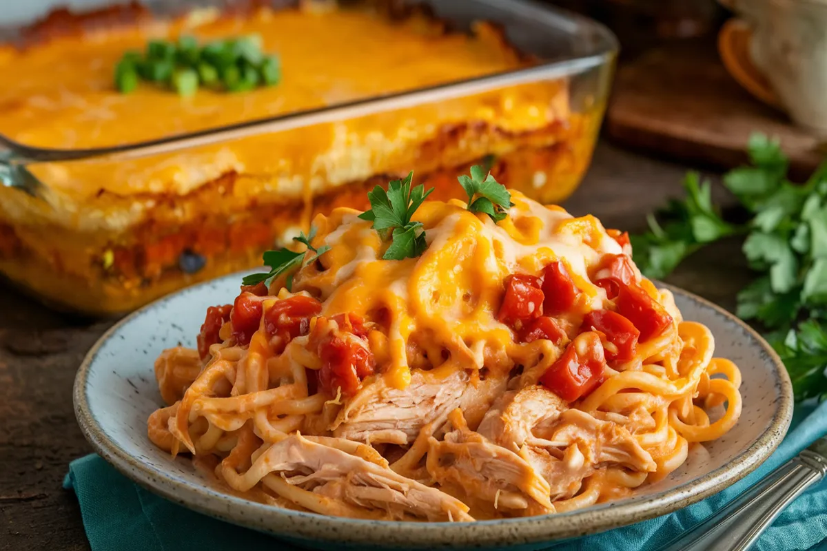 A plate of Rotel Chicken Spaghetti with creamy cheese sauce, chicken, Rotel tomatoes, and melted cheddar cheese, garnished with parsley