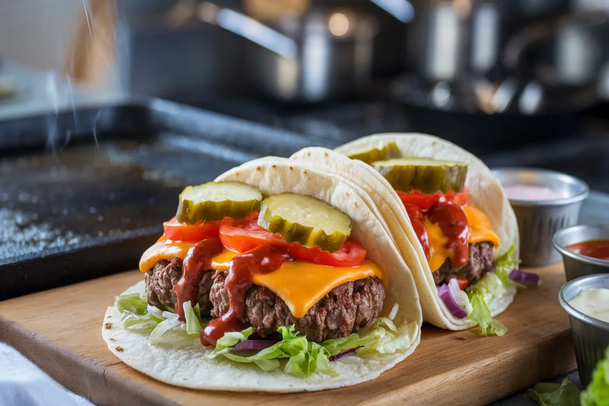 Smash burger tacos with crispy beef patties, melted cheese, and fresh toppings on flour tortillas.