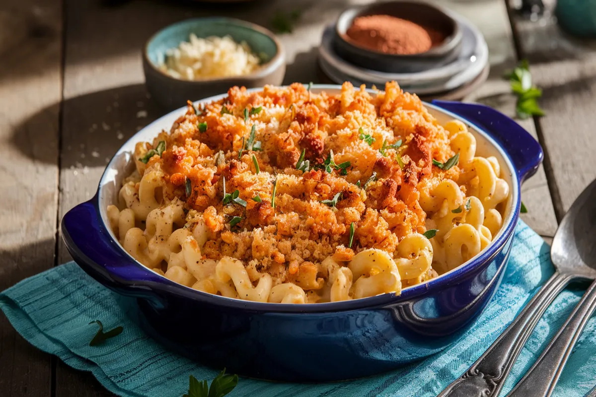 Main Dish Image: "A vibrant blue ceramic baking dish filled with Smoked Mac and Cheese, topped with golden, crunchy breadcrumbs and fresh herbs, showing creamy pasta in a smoked cheese sauce." Ingredients Image: "Ingredients for Smoked Mac and Cheese on a rustic wooden table, including grated smoked gouda and cheddar cheeses, pasta, butter, smoked paprika, and panko breadcrumbs." Cooking Process Image: "Close-up of a saucepan with a thick, creamy smoked cheese sauce being stirred with a wooden spoon, surrounded by bowls of smoked paprika and grated cheese." Serving Suggestion Image: "A plate of Smoked Mac and Cheese served with a fresh green salad and a slice of garlic bread, garnished with chives for added color and freshness." Variation Image (e.g., BBQ Pulled Chicken Smoked Mac and Cheese): "A blue baking dish of BBQ Pulled Chicken Smoked Mac and Cheese, featuring shredded chicken, a smoky cheese sauce, and a crispy breadcrumb topping."