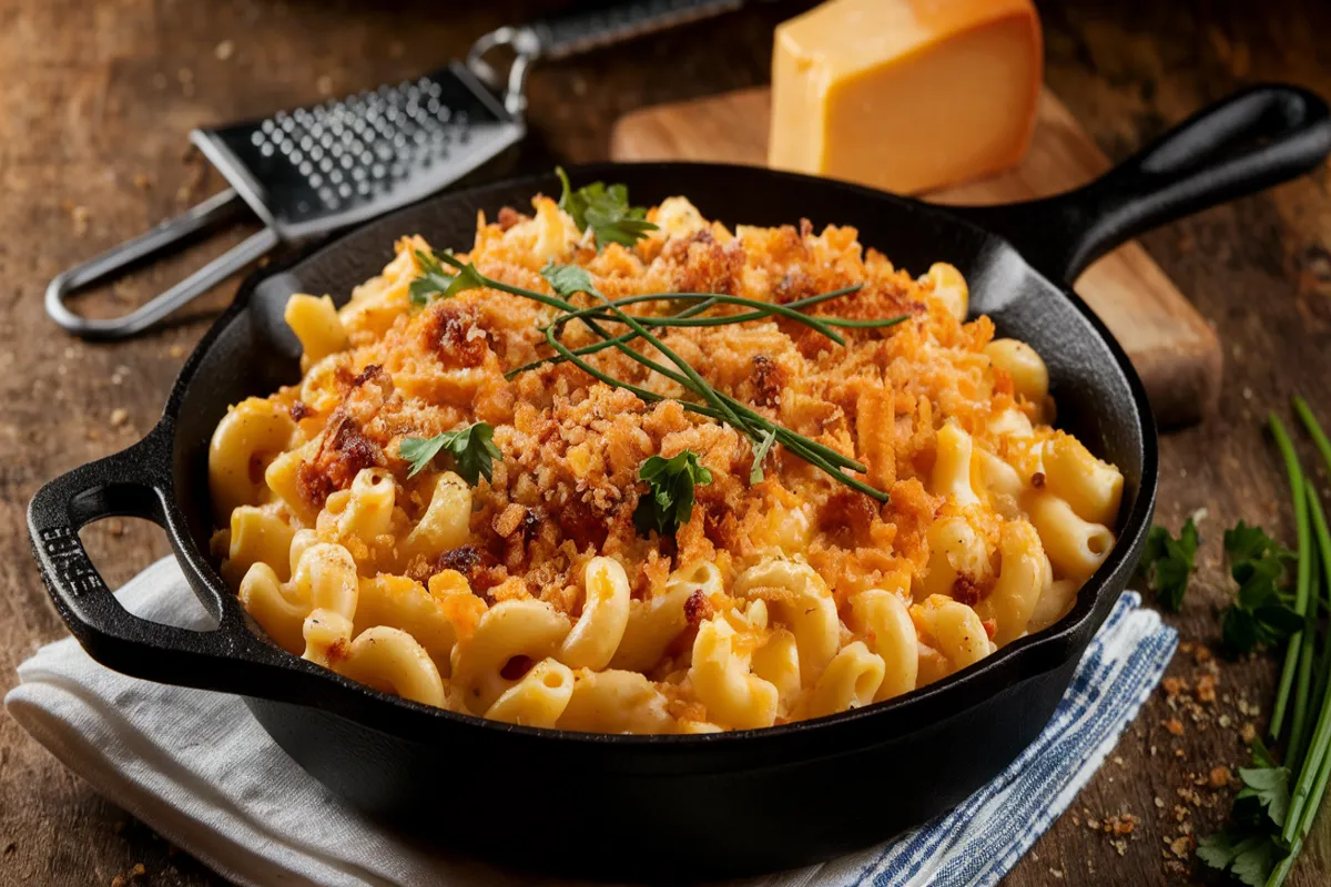 Main Dish Image: "A cast-iron skillet filled with Smoked Gouda Mac and Cheese, topped with golden panko breadcrumbs and garnished with fresh herbs, showing creamy pasta in a rich smoked gouda cheese sauce." Ingredients Image: "Ingredients for Smoked Gouda Mac and Cheese on a wooden table, including grated smoked gouda and cheddar cheeses, pasta, butter, garlic powder, and panko breadcrumbs." Cooking Process Image: "Close-up of a saucepan with thick, creamy smoked gouda cheese sauce being stirred with a wooden spoon, with grated cheese and smoked paprika in the background." Serving Suggestion Image: "A bowl of Smoked Gouda Mac and Cheese served with a side salad and garlic bread, garnished with chives for added freshness and color." Variation Image (e.g., Beef Bacon Smoked Gouda Mac and Cheese): "A baking dish of Beef Bacon Smoked Gouda Mac and Cheese, featuring crispy beef bacon pieces, a smoky gouda cheese sauce, and a crunchy breadcrumb topping."