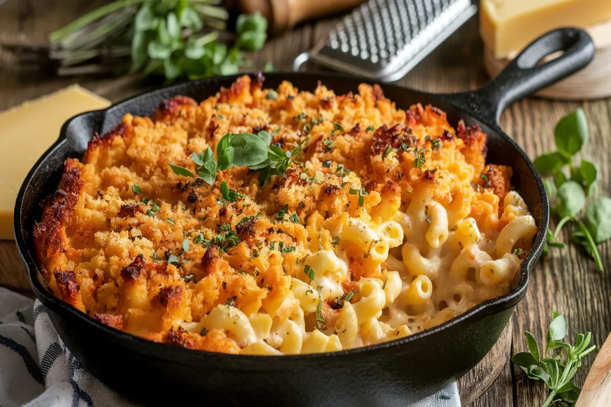 A delicious-looking smoked mac and cheese in a cast-iron skillet with creamy, melted cheese bubbling on top, crispy breadcrumb crust, and a smoky flavor on a rustic wooden table