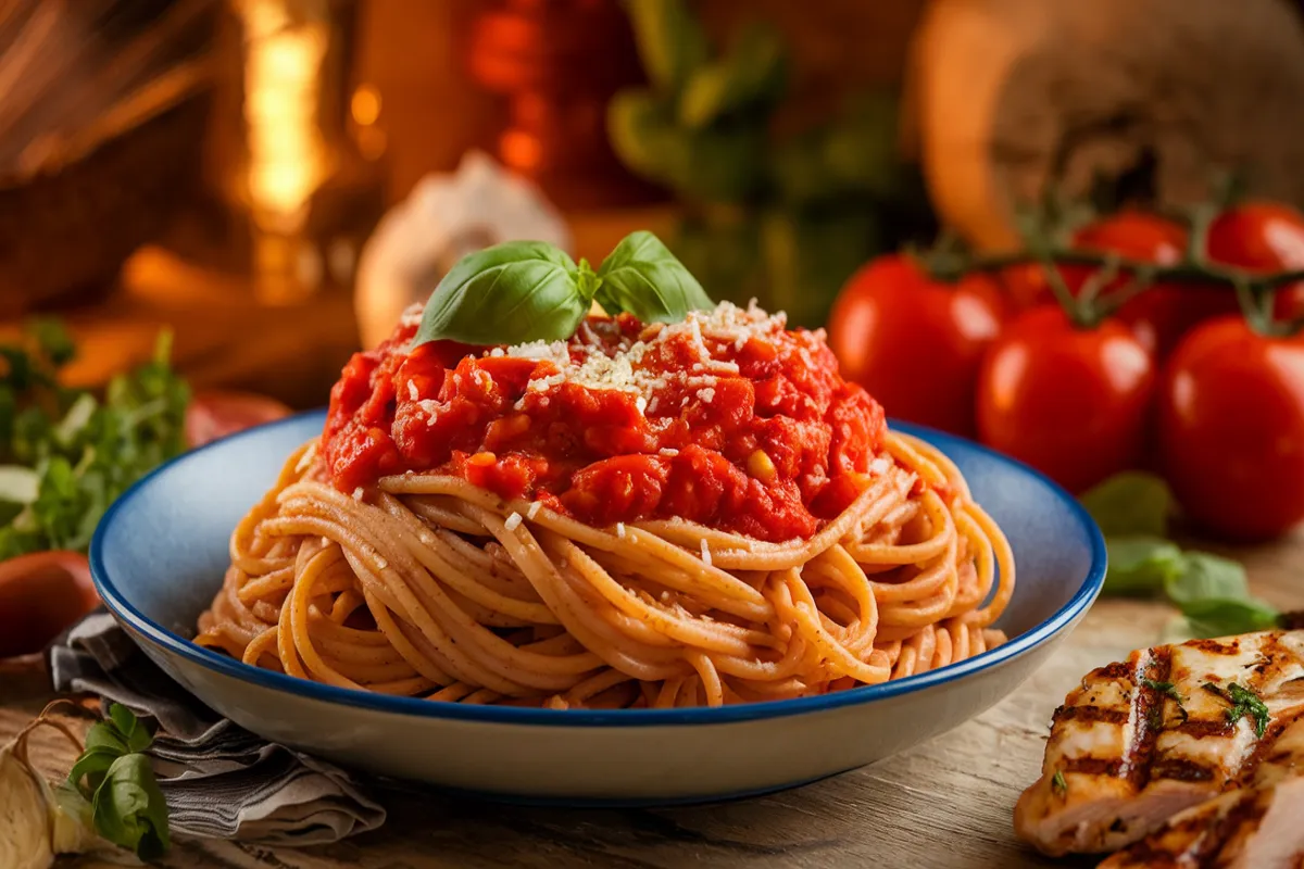 Whole wheat spaghetti with marinara sauce, fresh basil, and Parmesan cheese served in a rustic Italian kitchen setting