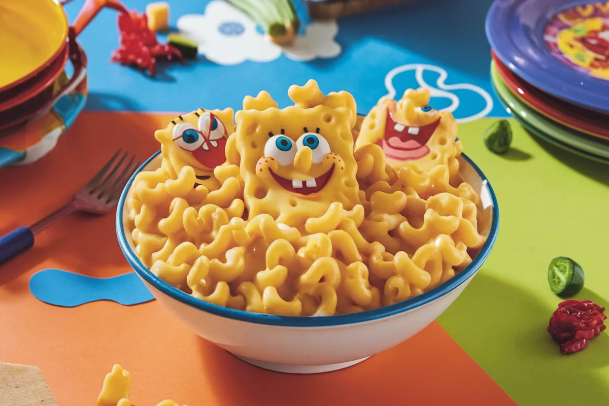 A bright and fun image of SpongeBob Mac and Cheese with character-shaped pasta pieces like SpongeBob and Patrick, coated in a creamy cheese sauce, on a kid-friendly table setting