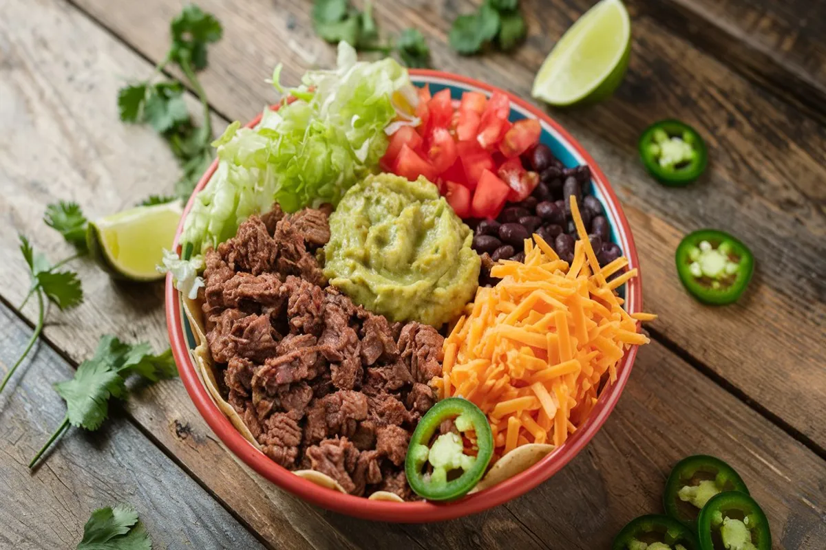 Taco Bowl Recipe with seasoned beef, fresh vegetables, cheese, and guacamole