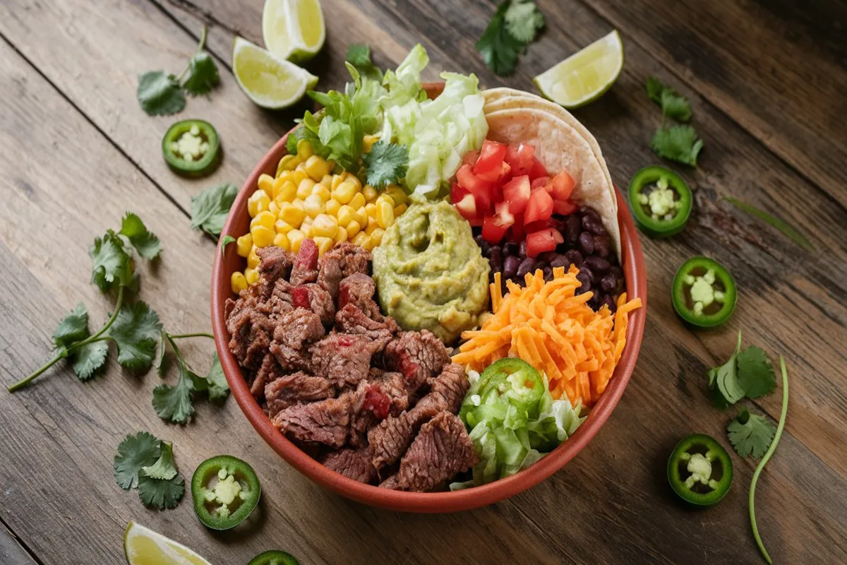 "Taco Bowl Recipe with seasoned beef, fresh vegetables, cheese, and guacamole." "Close-up of a Taco Bowl Recipe filled with colorful ingredients like lettuce, tomatoes, corn, and black beans." "Healthy Taco Bowl Recipe with grilled chicken, avocado, shredded cheese, and salsa on a rustic wooden table."