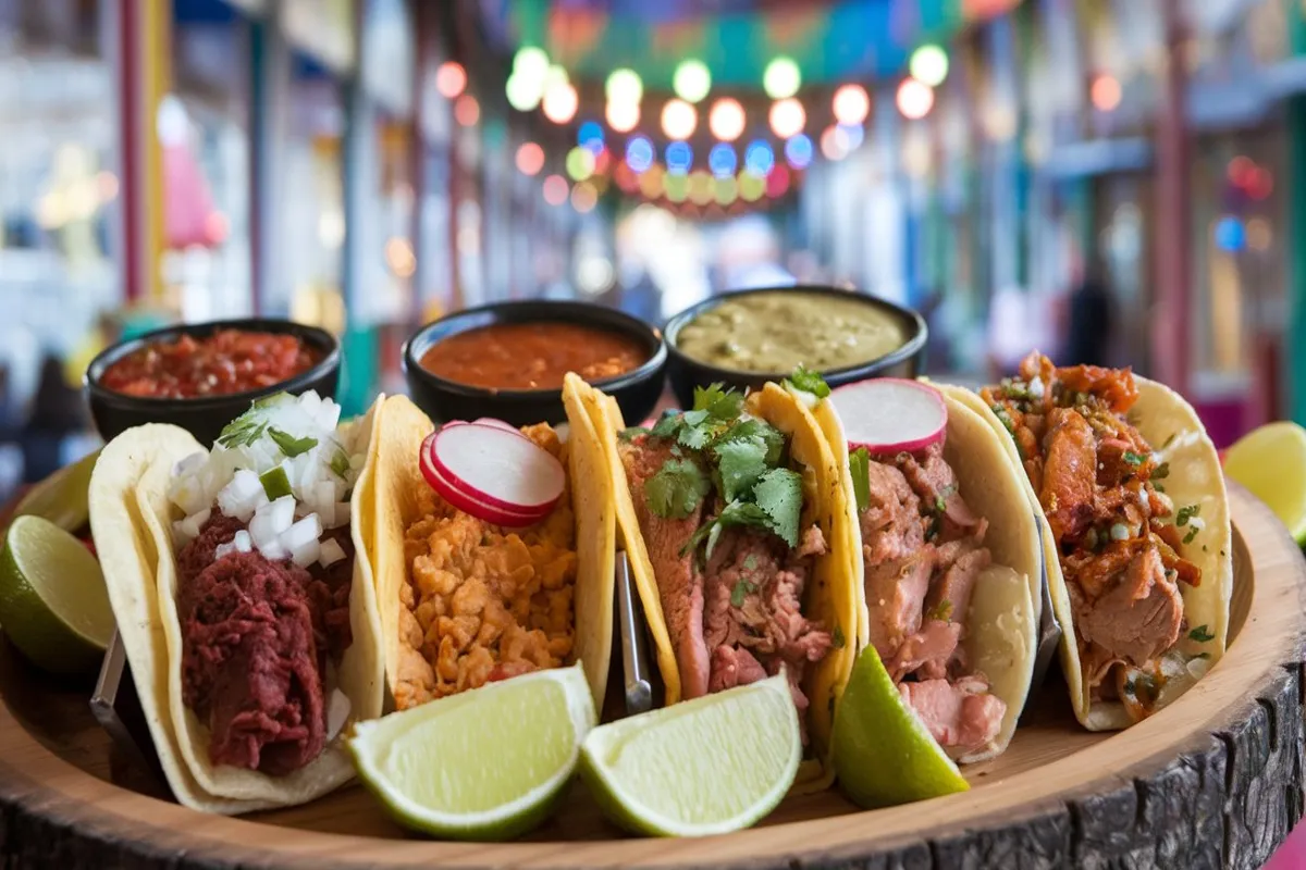 Tacos Mexicanos with carne asada, topped with cilantro and onions on a rustic plate