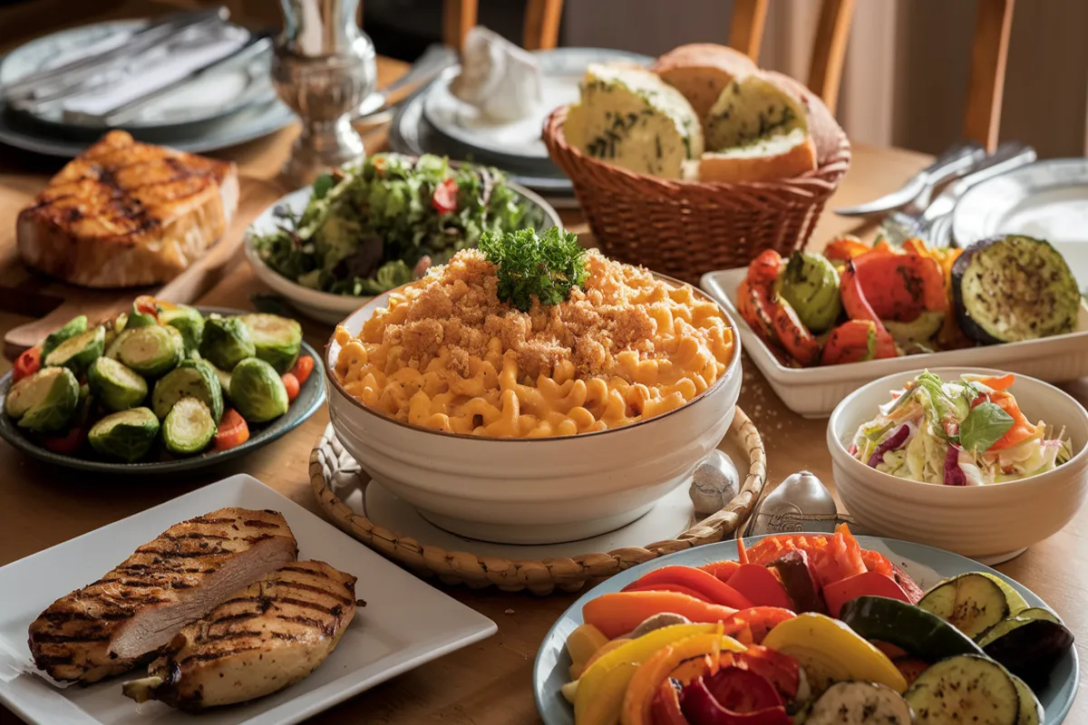 Main Dish Image: "A large bowl of creamy mac and cheese with a golden breadcrumb topping, garnished with fresh parsley, placed in the center of a dinner table with various side dishes." Grilled Chicken Side Image: "Juicy, grilled chicken breasts seasoned with herbs and spices, served on a plate next to a bowl of mac and cheese with a crispy breadcrumb topping." Vegetable Side Image: "A colorful array of roasted vegetables, including bell peppers, carrots, and zucchini, placed beside a creamy bowl of mac and cheese." Salad and Garlic Bread Image: "A fresh green salad with cherry tomatoes and vinaigrette in a bowl, accompanied by crispy garlic bread slices, next to a bowl of cheesy mac and cheese." Unique Pairing Image (e.g., Buffalo Wings and Mac and Cheese): "A plate of spicy buffalo wings with a tangy sauce, served alongside a creamy bowl of mac and cheese topped with fresh herbs."