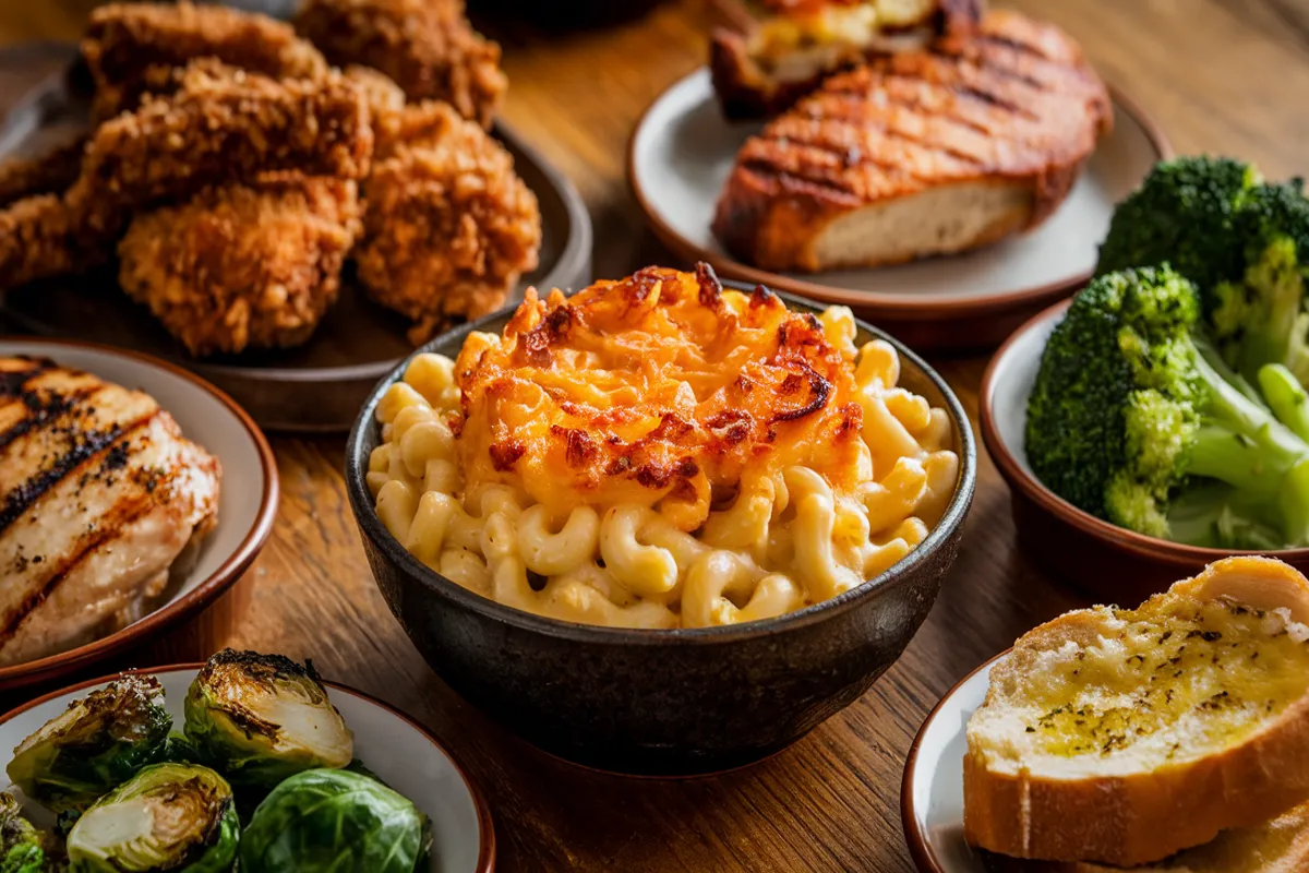 Close-up of a creamy bowl of mac and cheese topped with golden, melted cheese, surrounded by crispy fried chicken, grilled chicken breast, roasted Brussels sprouts, steamed broccoli, and buttery garlic bread on a rustic wooden table setting