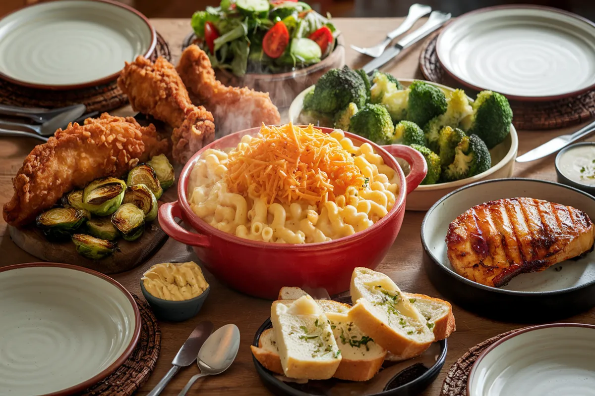 An inviting dinner table featuring a bowl of creamy mac and cheese with a golden, melted cheese topping, surrounded by side dishes like crispy fried chicken, grilled chicken breast, roasted Brussels sprouts, steamed broccoli, buttery garlic bread, and a fresh mixed green salad with tomatoes and cucumbers, all set on a rustic wooden table with warm lighting.