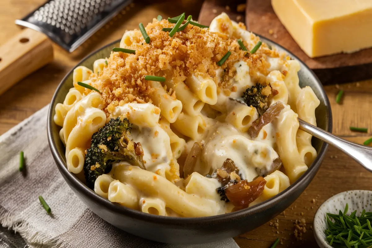 A bowl of creamy white cheddar mac and cheese topped with golden breadcrumbs and garnished with chopped chives, set on a rustic wooden table. The pasta is mixed with roasted broccoli and caramelized onions, surrounded by a cheese grater, a block of white cheddar cheese, and a small bowl of fresh herbs. The warm lighting enhances the creamy texture and golden color of the dish.