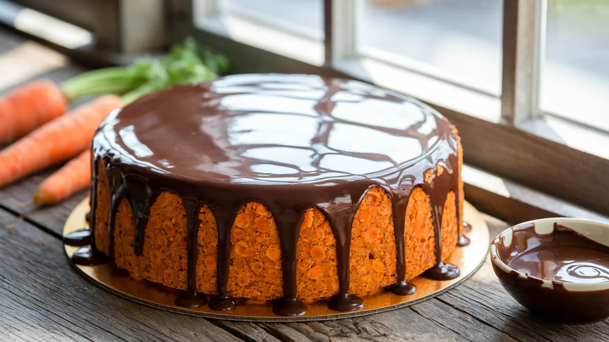 Smooth, bright orange carrot batter being poured into a baking pan for a Brazilian carrot cake.