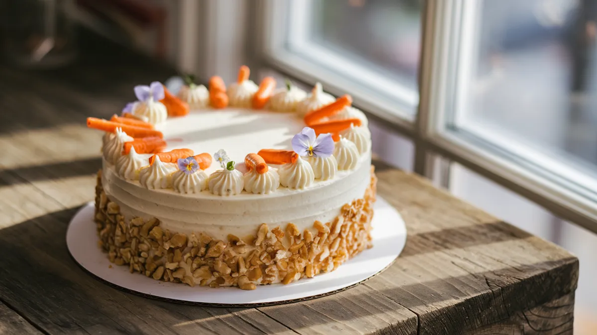 A carrot cake topped with piped cream cheese frosting carrots and green leaves, with crushed walnuts around the sides.