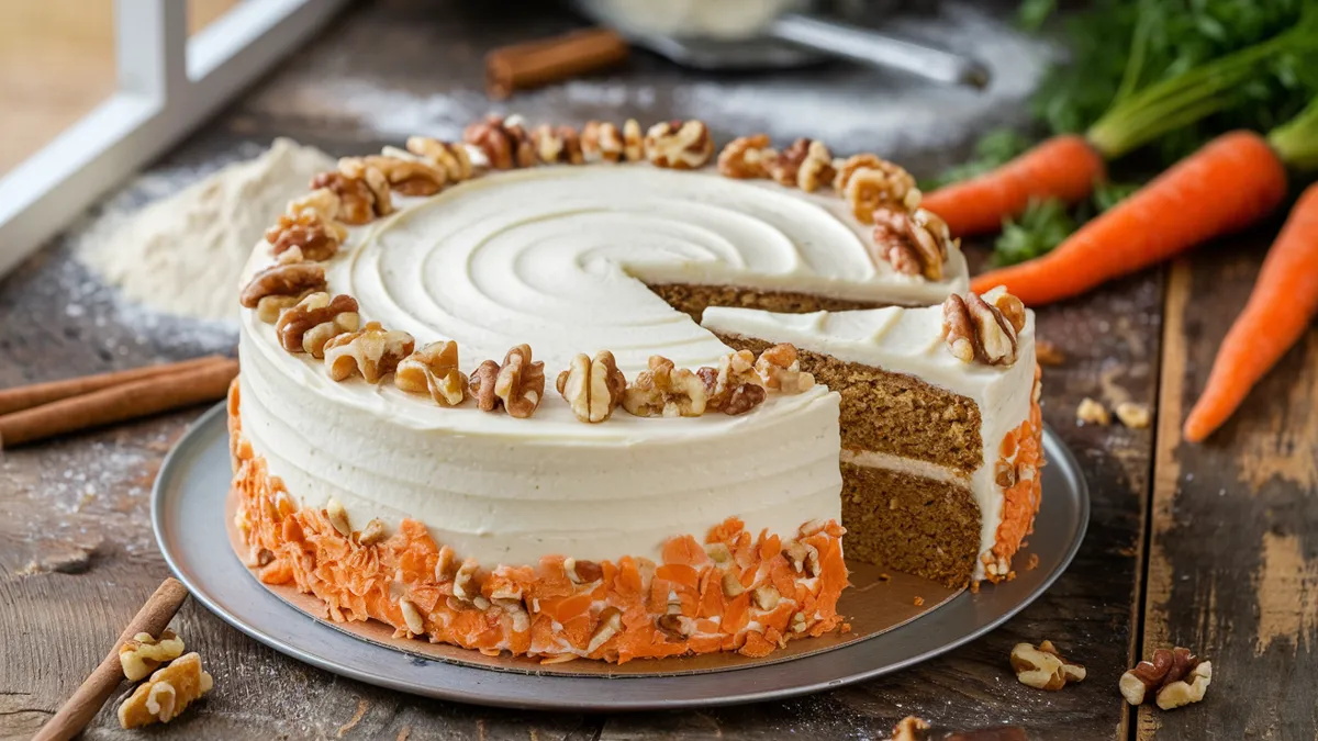 A bowl of dry carrot cake mix, with grated carrots and warm spices, ready to be turned into a moist, flavorful cake.