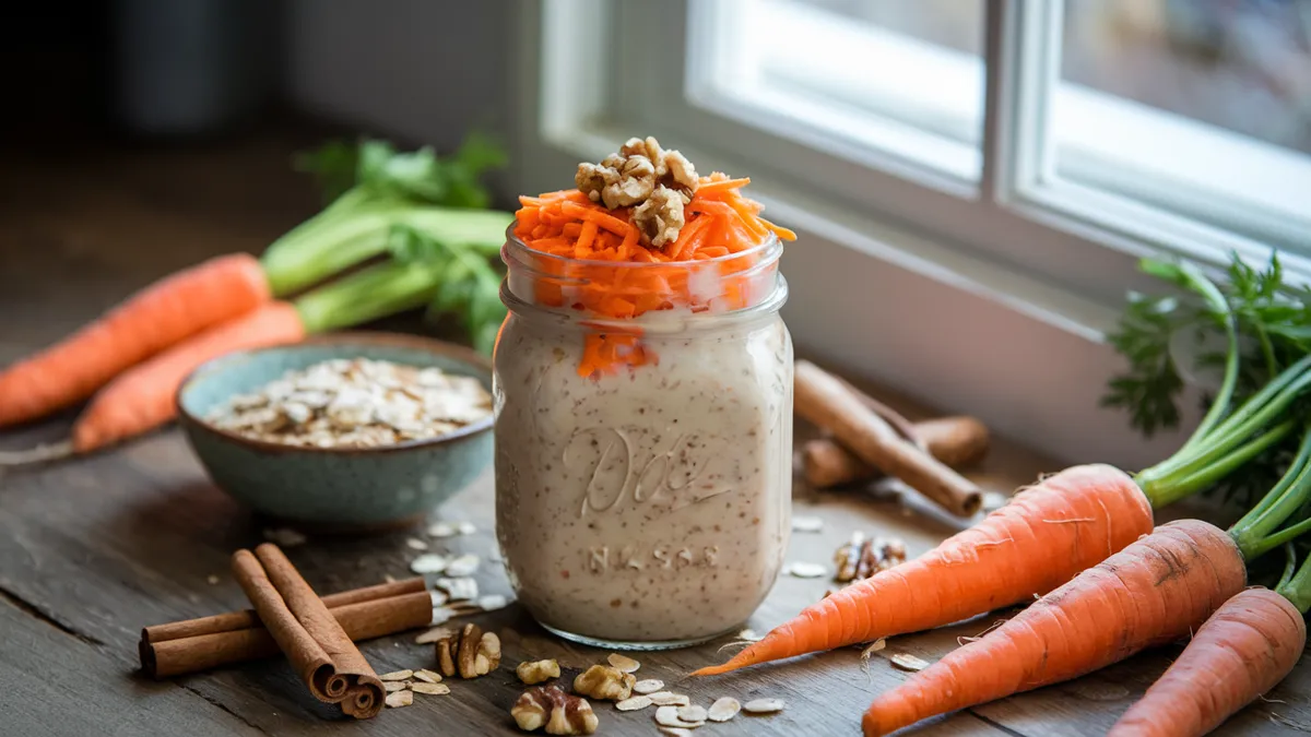 A mason jar filled with creamy carrot cake overnight oats, topped with shredded carrots, walnuts, and cinnamon.