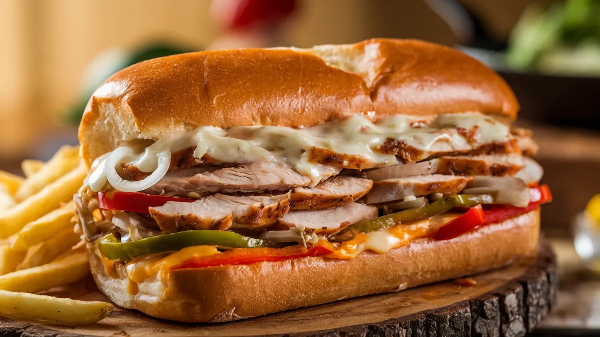 A close-up of a Chicken Philly Cheesesteak sandwich with melted provolone cheese, sautéed onions, and bell peppers in a toasted hoagie roll.