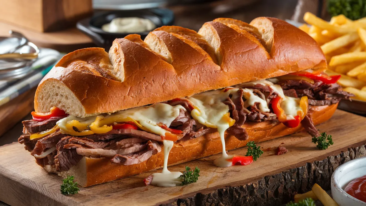 Crispy Philly Cheesesteak Bread filled with beef, sautéed onions, bell peppers, and melted cheese, served on a wooden board.