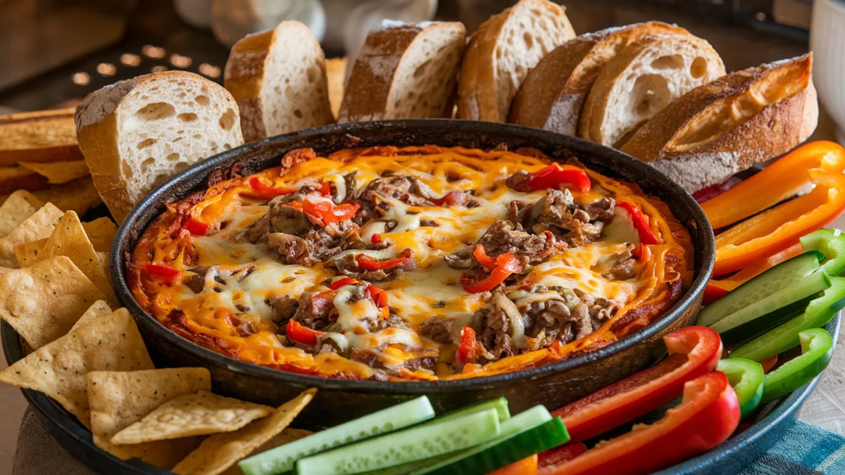 A creamy Philly Cheesesteak Dip with melted cheese, sautéed beef, onions, and bell peppers, served with toasted bread slices.