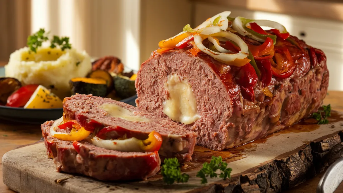 A sliced Philly Cheesesteak Meatloaf with melted cheese oozing from the center, served with sautéed onions and bell peppers on a wooden board.