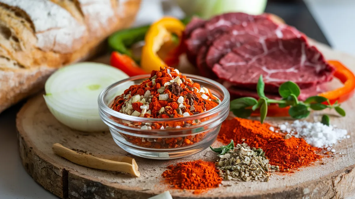 A small glass bowl filled with a blend of Philly Cheesesteak Seasoning, including garlic, paprika, and black pepper, ready to use in cheesesteak recipes.