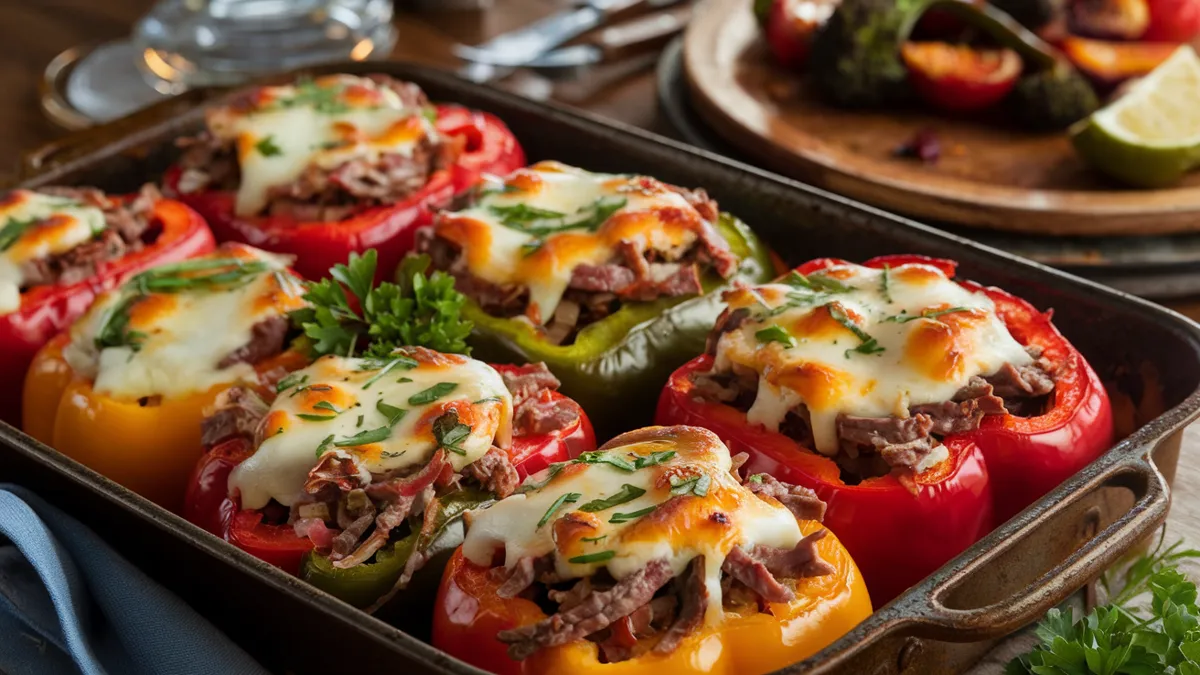 Baked Philly Cheesesteak Stuffed Peppers filled with sautéed beef, onions, and melted provolone cheese, served on a wooden board.