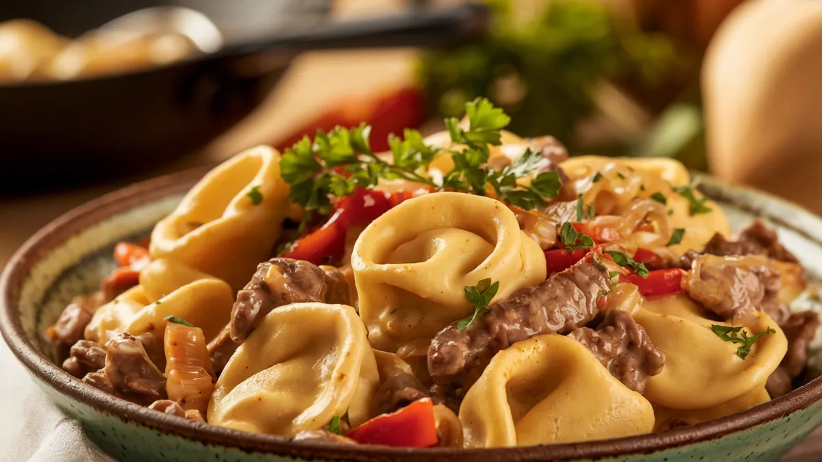 A creamy bowl of Philly Cheesesteak Tortellini Pasta, filled with sautéed beef, onions, bell peppers, and melted cheese, garnished with fresh parsley.