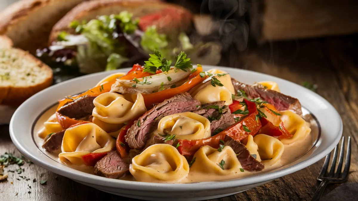 A creamy plate of Philly Cheesesteak Tortellini, filled with cheese tortellini, sautéed onions, bell peppers, and tender beef, topped with melted cheese.